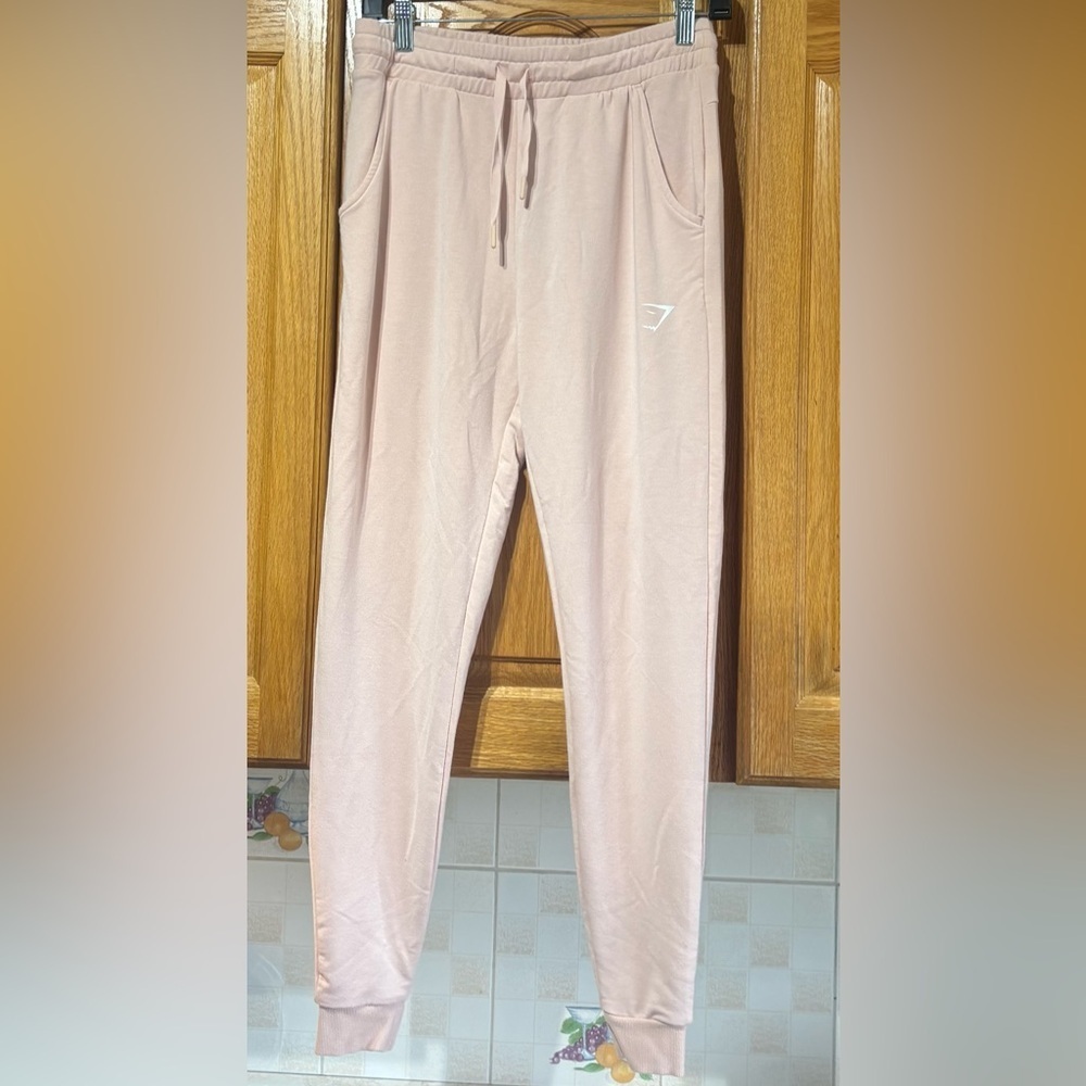 Gymshark Women's Light Pink Crest Joggers with Logo Small